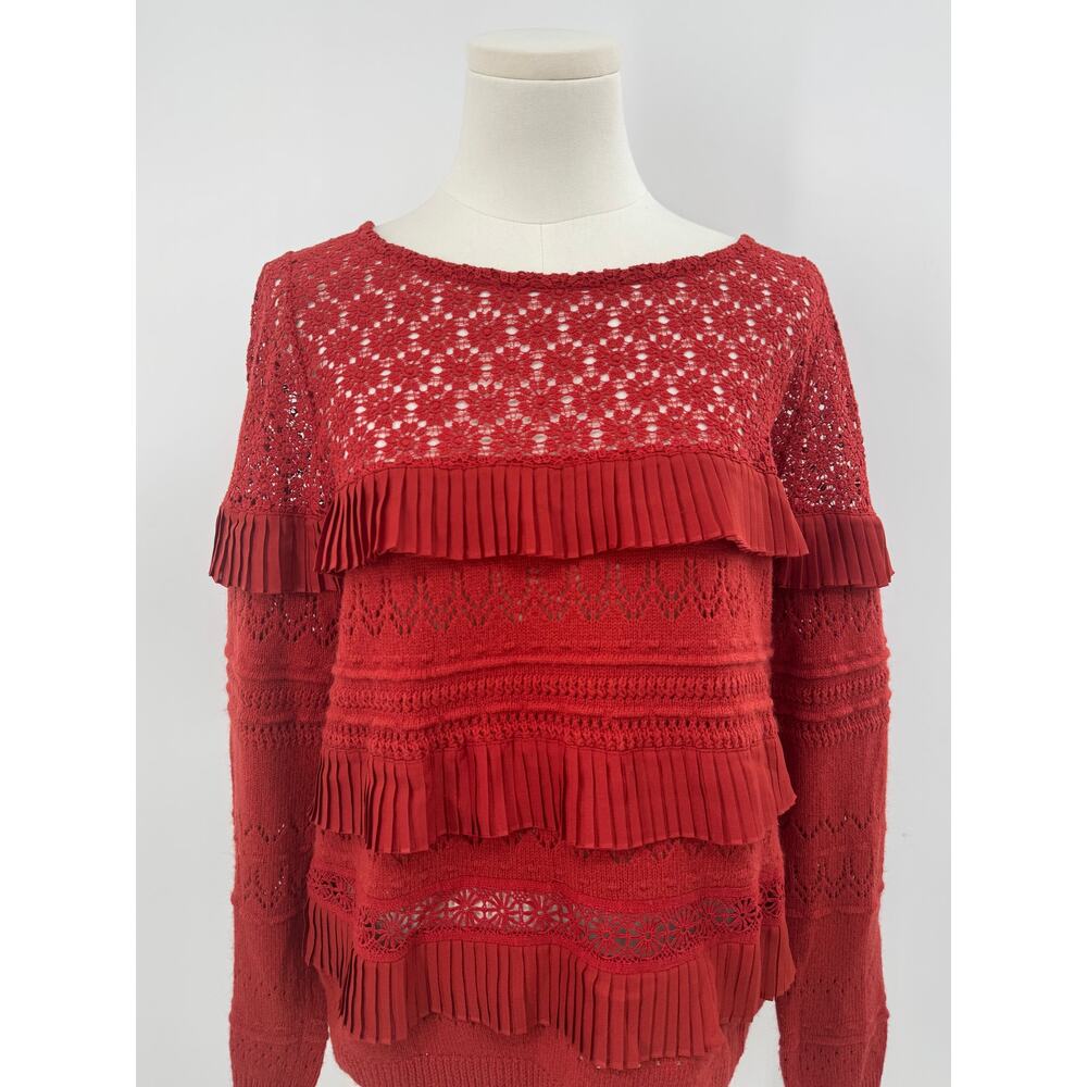 Sezane Tilia Crimson Red Crochet Lace Ruffle Cotton Sweater Pointelle Knit L